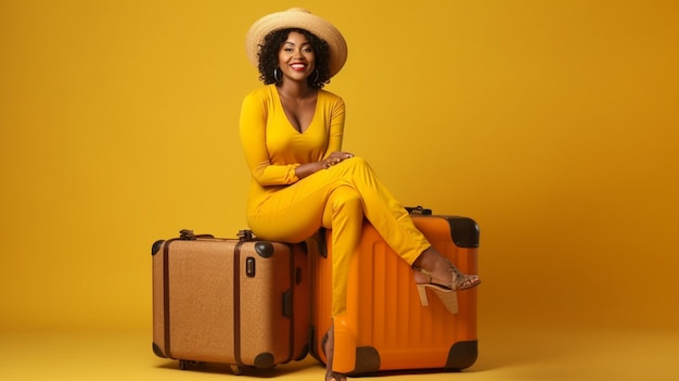 黄色い背景に孤立したスーツケースで座っている幸せなアフリカ人女性