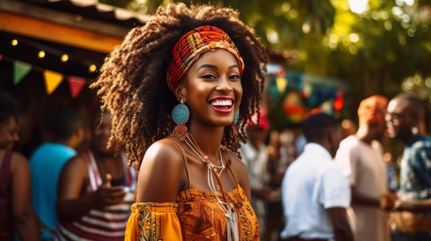 Happy African woman wearing costume during a Caribbean style festival street party