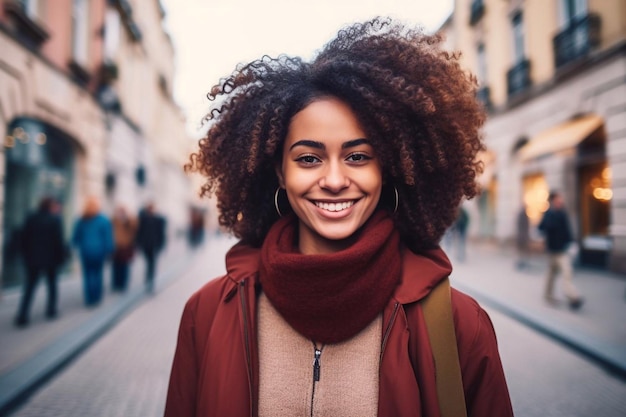Happy African young woman wearing denim jacket laughing looking at camera standing on street Smiling Afro American teen generation z hipster girl posing outdoor backlit with sunlight Generative AI