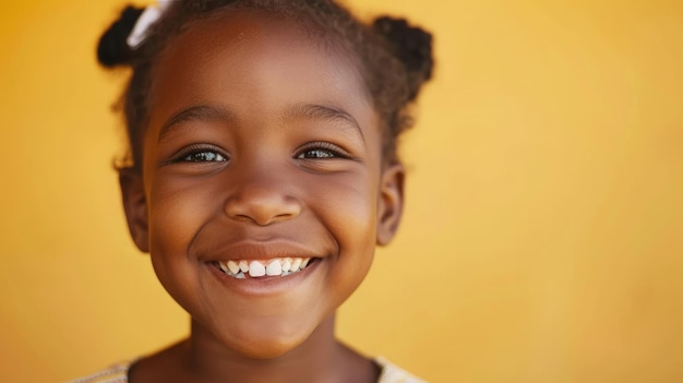 Happy africanamerican child girl smiling to camera over yellow background