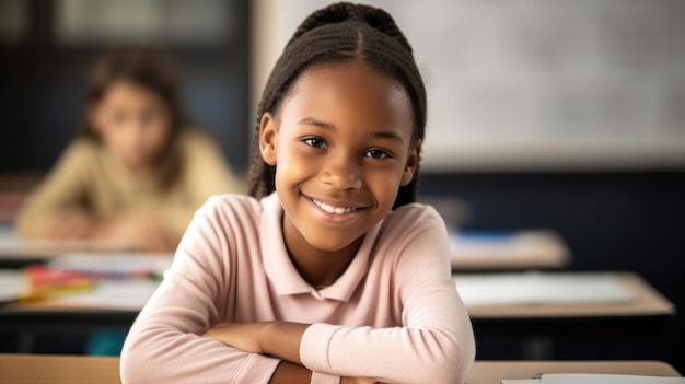 学校の教室に座っている幸せなアフリカ系アメリカ人の女の子 生成 AI AIG21