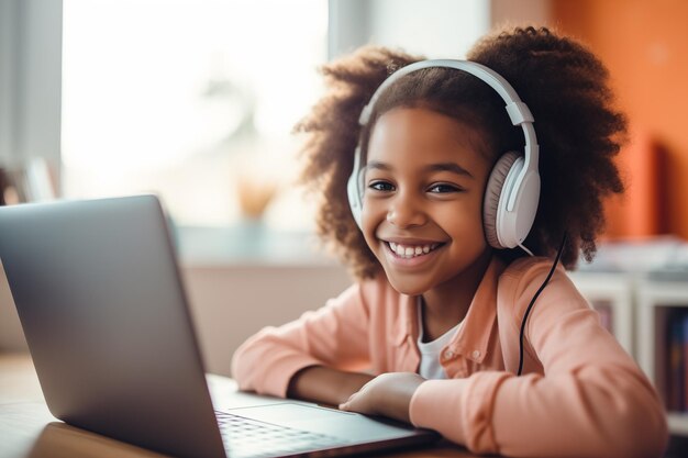幸せなアフリカ系アメリカ人の女の子がデスクに座ってヘッドフォンをかぶったラップトップを使ってオンラインで勉強しています
