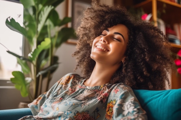 Happy afro american woman relaxing on the sofa at home