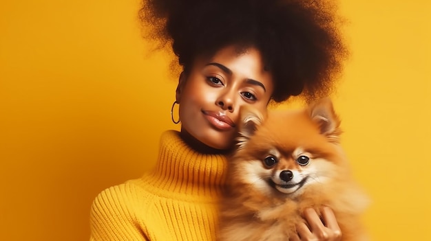 Happy afro girl gets a beautiful puppy stands against a yellow background