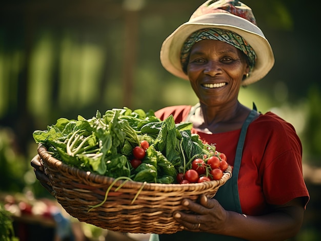 収穫時に採れたての野菜が入ったバスケットを持ち、微笑む幸せなアフロ女性農家 生成AI