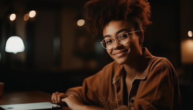 Happy Afro woman with laptop sitting at table