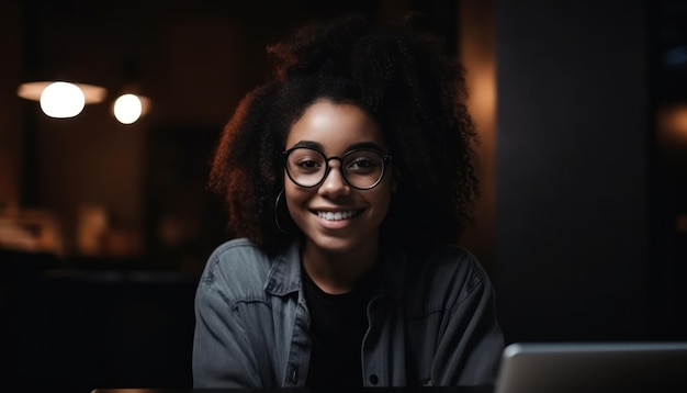 Happy Afro woman with laptop sitting at table