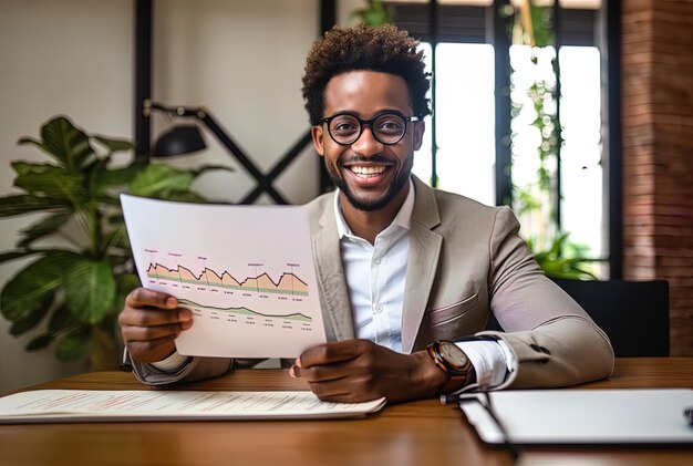 Photo happy afro young businessman analyzing statistical graphs in the office