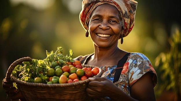 幸せなアフロハーベストの女性農家が、採れたての野菜が入ったバスケットを持ち、笑顔を浮かべている