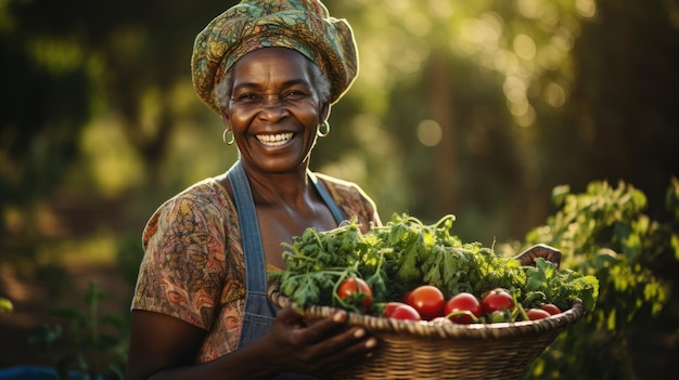 행복한 Afroharvest 여성 농부는 갓 수확한 야채가 담긴 바구니를 들고 미소를 짓고 있습니다.