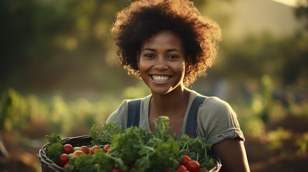 A happy Afroharvest female farmer holds a basket with freshly picked vegetables and smiles