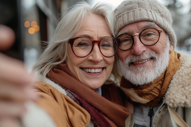 Happy aged couple taking selfie