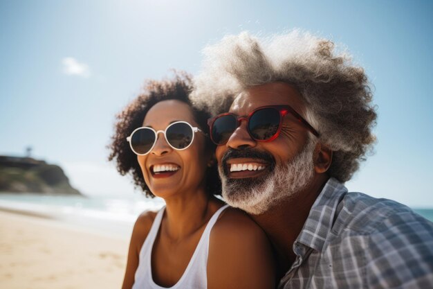 Happy aged man and woman in sunglasses hug on the beach