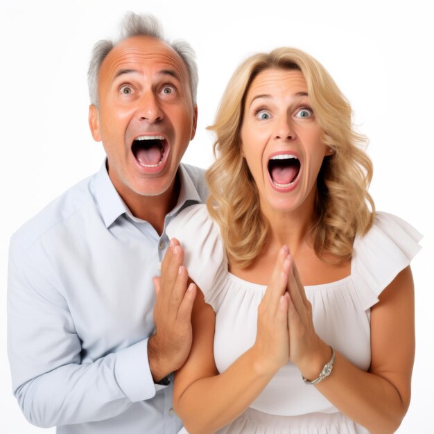 Foto happy amazed married middle aged couple in front of a white background