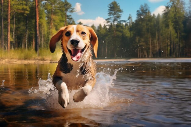 Happy American Beagle breed dog runs splashing on the water of a forest lake sunny summer day