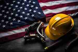 Photo happy american labor day concept american flag and labour hat with a different tool