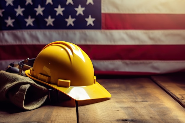 Photo happy american labor day concept american flag and labour yellow hat with different tool