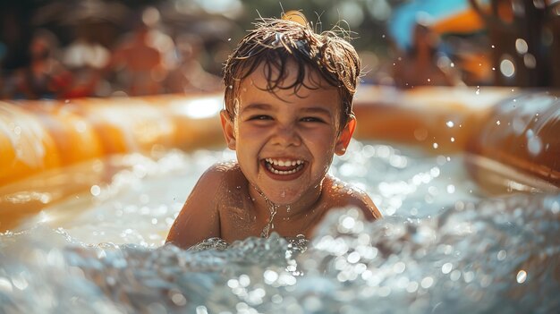 A happy American little boy having fun in water in water park with a blurry backdrop and water splashes and space for text or product Generative AI