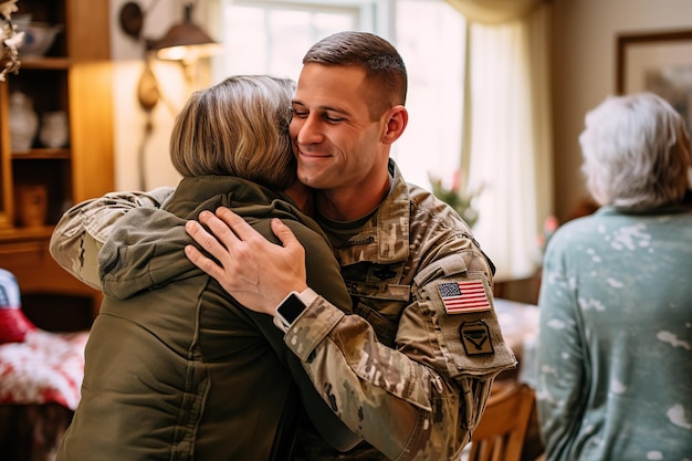 Photo happy american soldier reunited with family