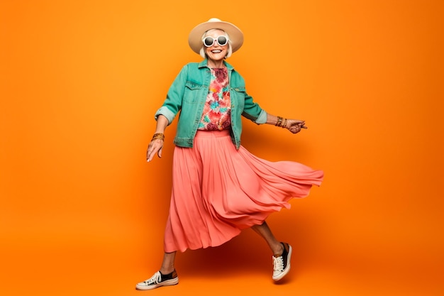 Фото Счастливая и смешная крутая старушка с портретом модной одежды на цветном фоне.