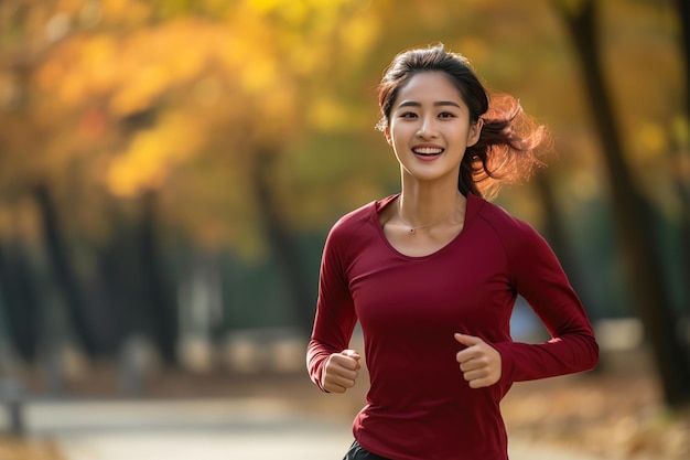 사진 행복 하고 건강 한 아시아 젊은 여성 이 달리기 와 조 을 하고 있다