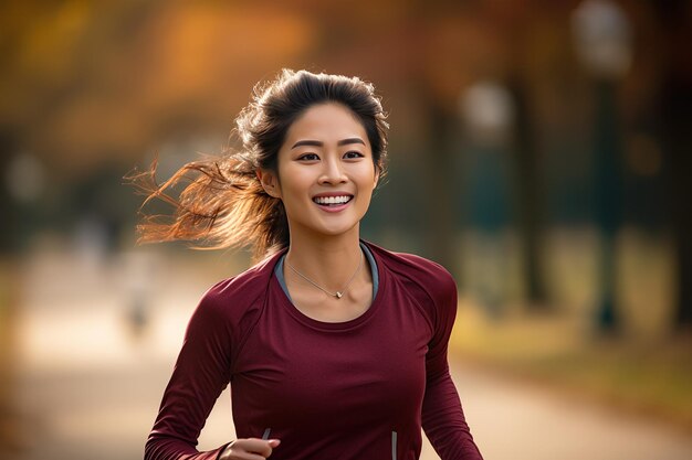 사진 행복 하고 건강 한 아시아 젊은 여성 이 달리기 와 조 을 하고 있다