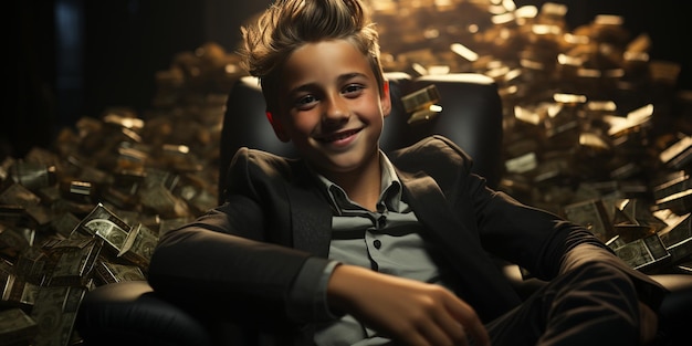 Фото Счастливый и кричащий богатый мальчик богатый ребенок расслабляется в большом роскошном кресле в то время как счета падают