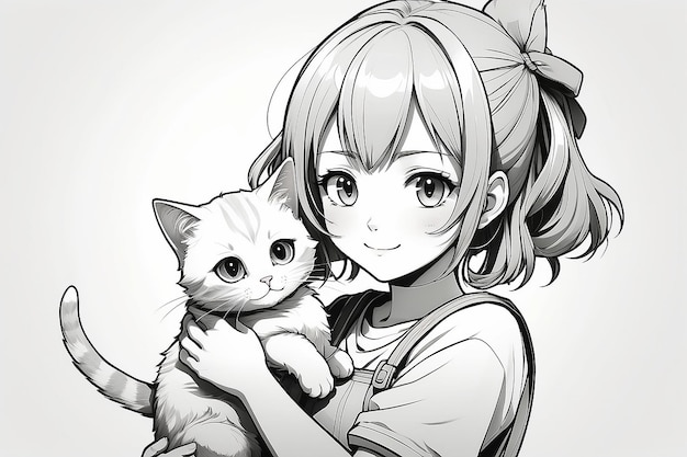 Photo happy anime girl holding cat