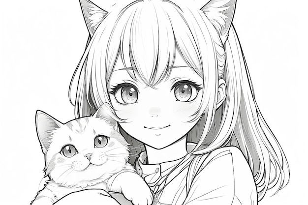 Photo happy anime girl holding cat