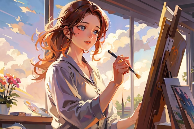 The happy anime girl or woman painting a picture with a brush on the art board