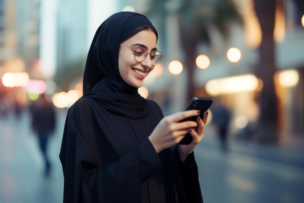 Happy Arab businesswoman using mobile phone