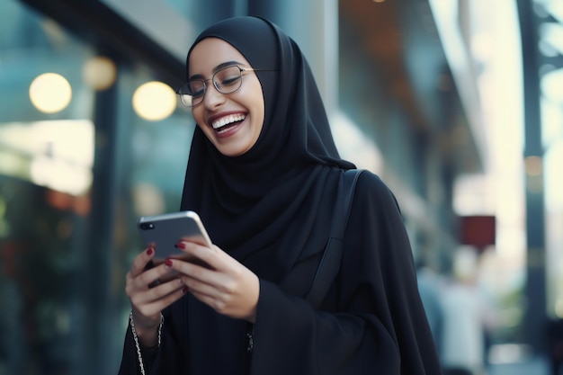 Happy Arab businesswoman using mobile phone