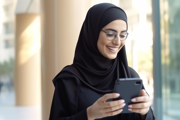Happy Arab businesswoman using mobile phone