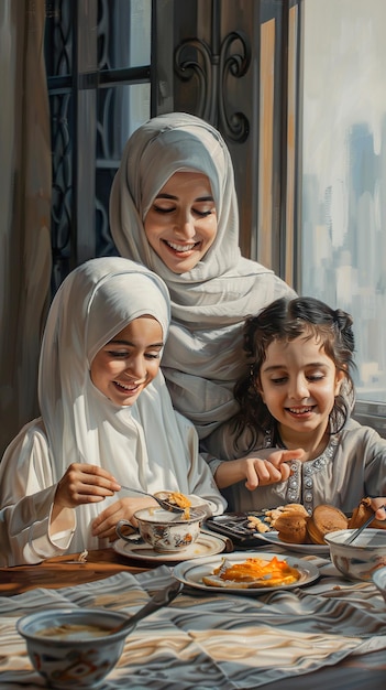 Photo a happy arab mother and son and daughter at the kitchen table eating breakfast