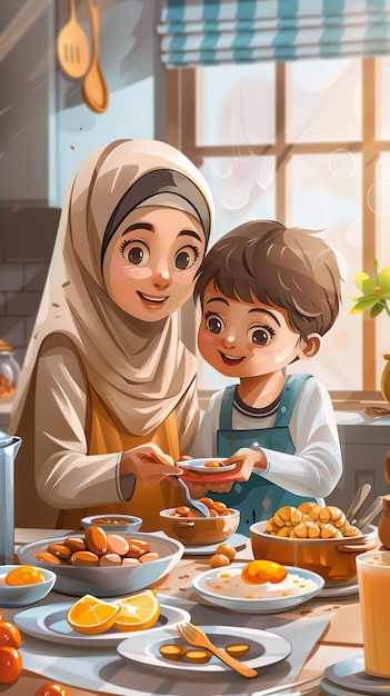 Photo a happy arab mother and son and daughter at the kitchen table eating breakfast