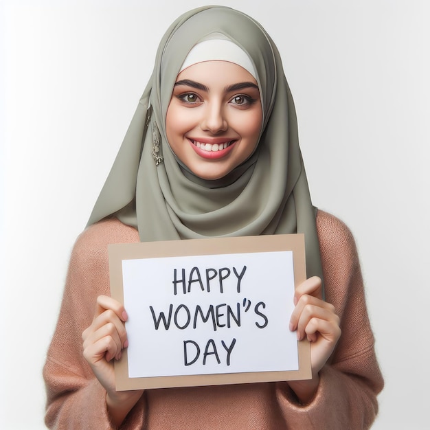 happy arab woman in hijab holding a sign that says happy womens day isolated on white background