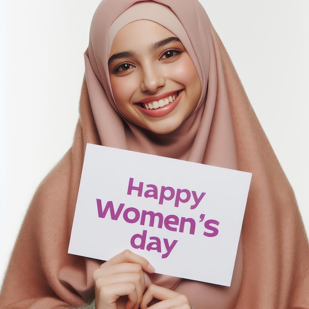 happy arab woman in hijab holding a sign that says happy womens day isolated on white background