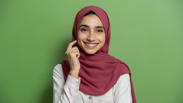 Happy arab woman in hijab portrait of smiling girl posing at green studio