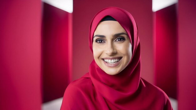 Happy arab woman in hijab portrait of smiling girl posing at red studio background