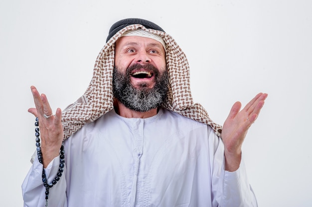 Happy arabic man poses with emotions isoleted on white background