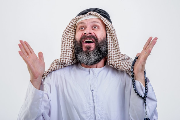 Happy arabic man poses with emotions isoleted on white background