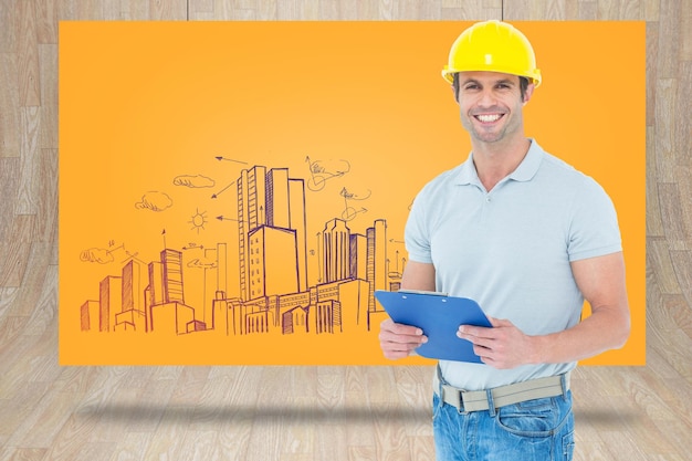 Happy architect holding clip board against composite image of orange card