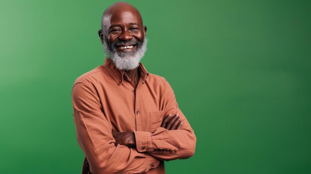 Photo happy arms crossed and portrait of black man on green screen for confident fashion and elegant style happiness smile and senior with male model isolated