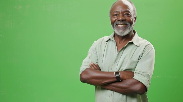 Happy arms crossed and portrait of black man on green screen for confident fashion and elegant style Happiness smile and senior with male model isolated