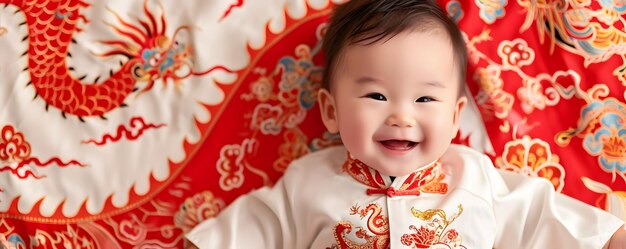 ベッドに中国の伝統的なドレスを着た幸せなアジアの赤ちゃん 中国の新年コンセプト