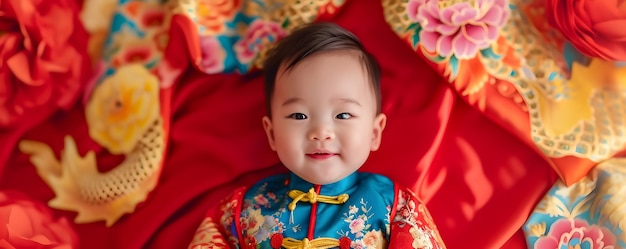 Happy Asian baby in Chinese traditional dress on bed Chinese new year concept