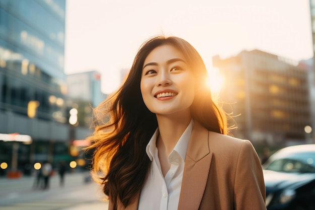 A happy Asian businesswoman in the city in the morning