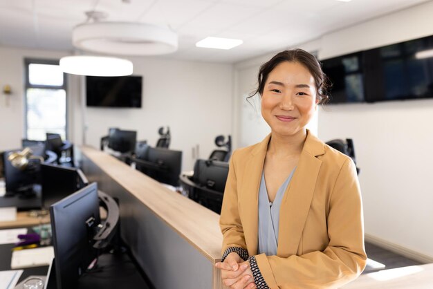 Happy asian businesswoman looking at camera in office. Business professionals, job, corporation and working in office concept.