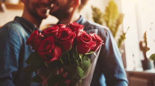 Happy asian and caucasian gay couple hugging with bouquet flowers Pride concept Generative AI