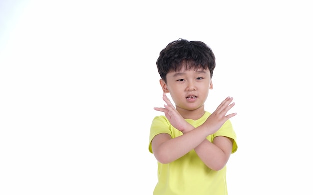 Happy Asian child boy with cute silly expression isolated on white background